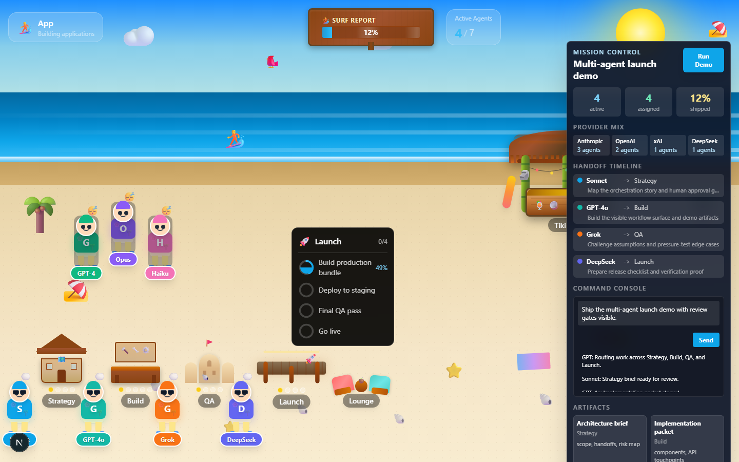 Agent Beach public-safe mission control interface with workflow zones and agent roles