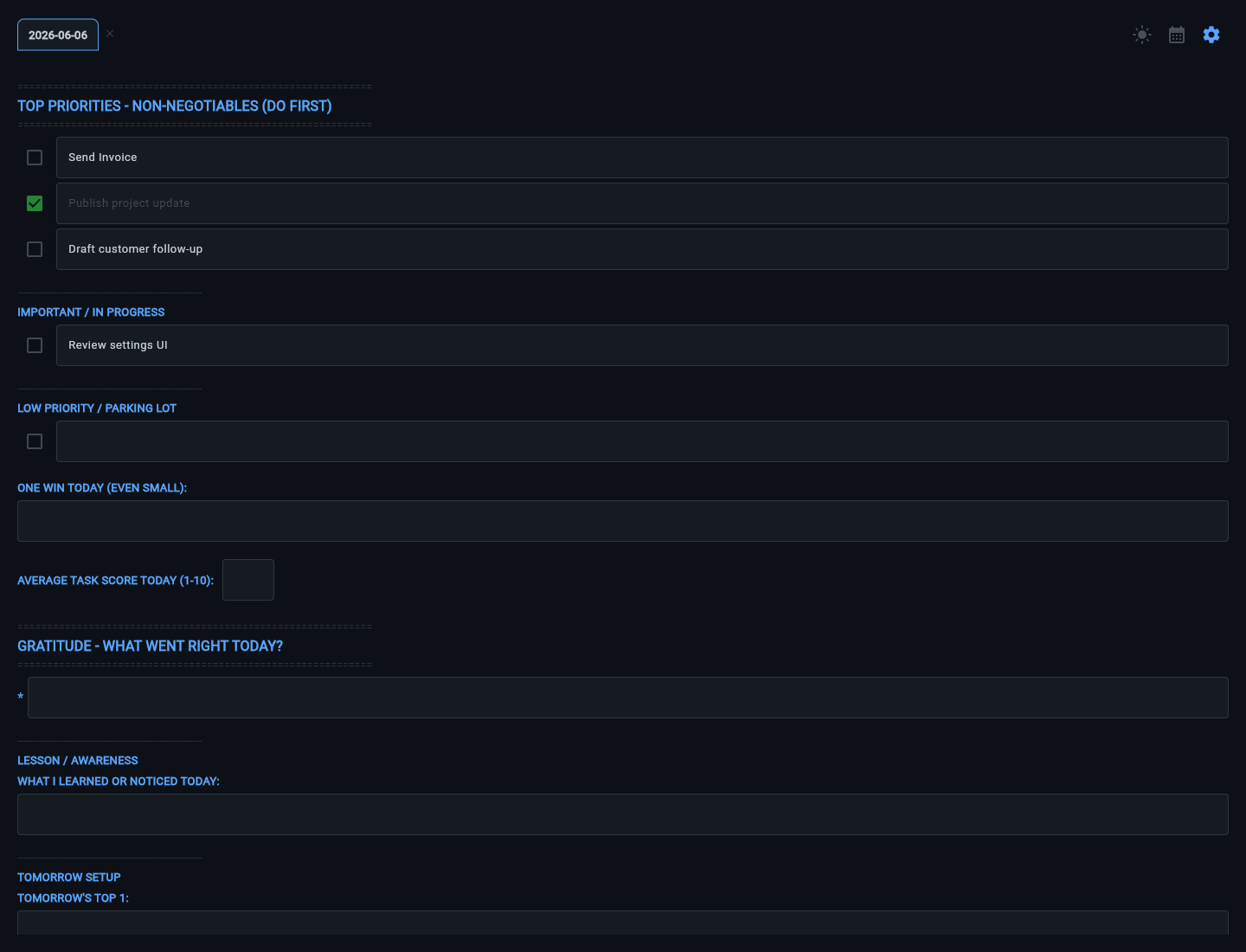 Daily Planner showing synthetic tasks in a dark local-first planning interface