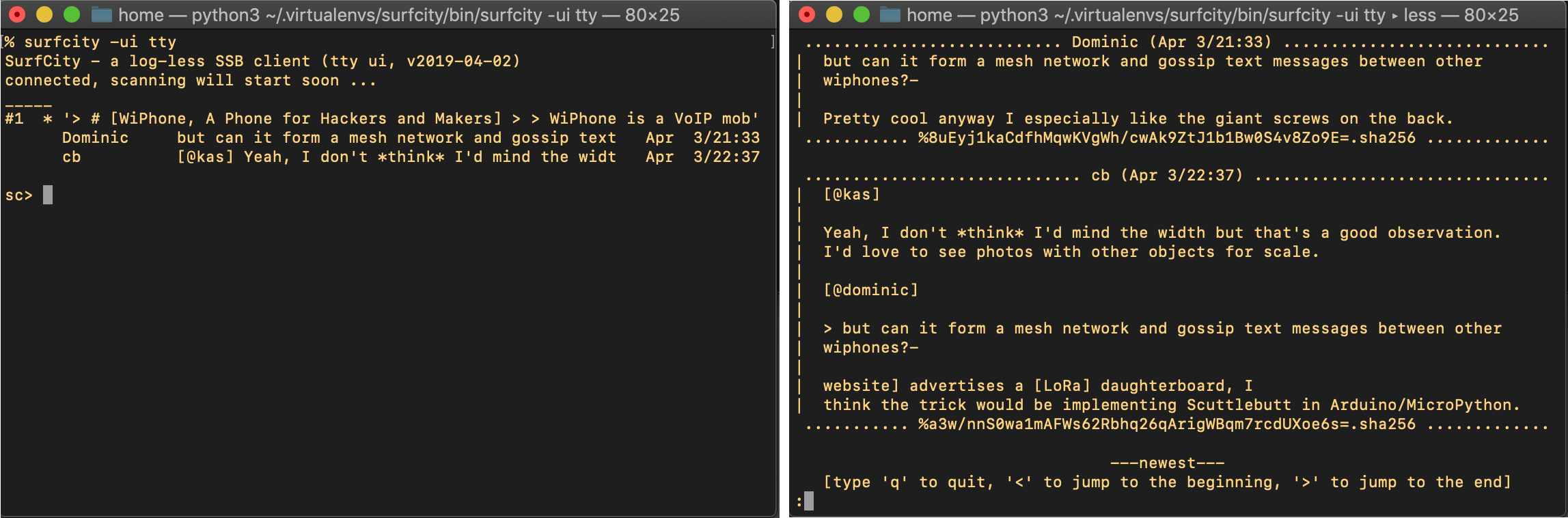 two screenshots, showing SSB posts in tty mode