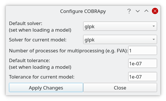 Figure 2: COBRApy configuration dialog.