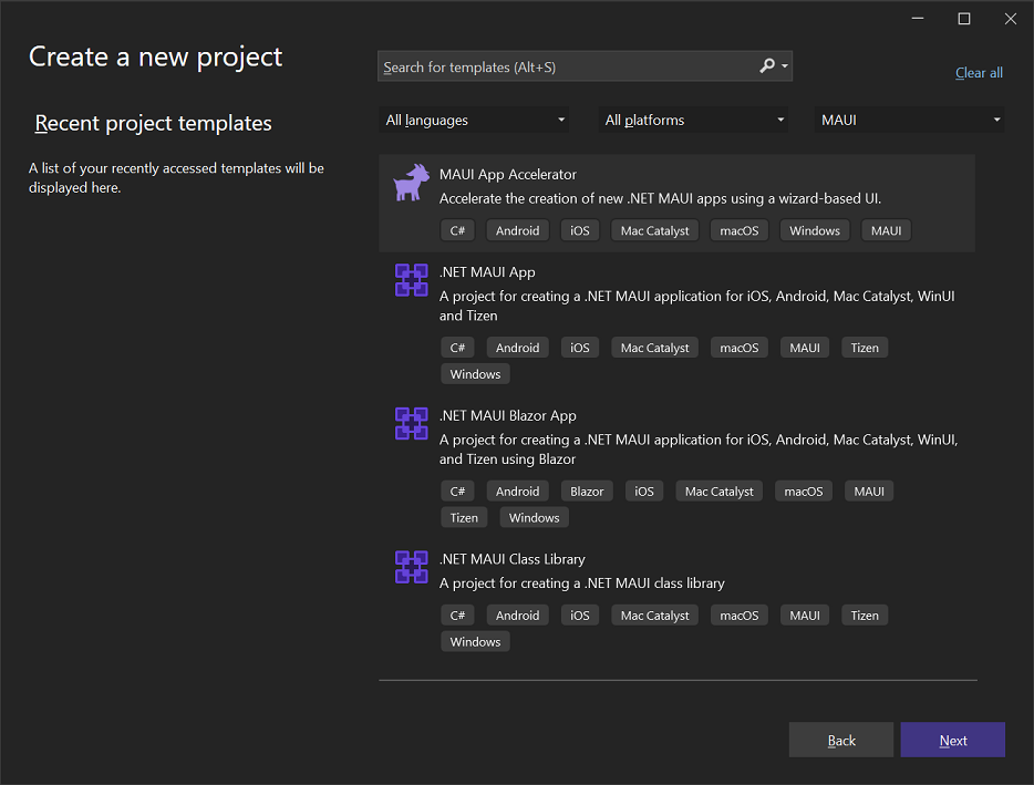 Visual Studio's create new project dialog showing the MAUi App Accelerator option