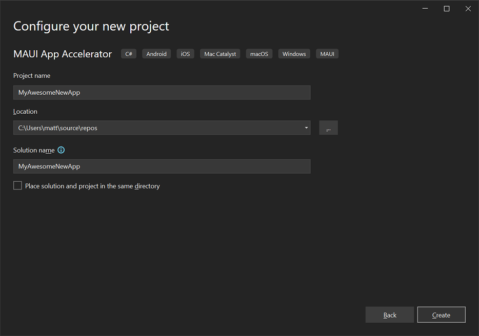 Visual Studio's dialog for specifying the project name and location