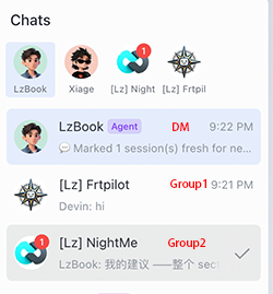 Feishu chats list — multiple parallel ChatSessions across DMs and groups, each pinned to its own project