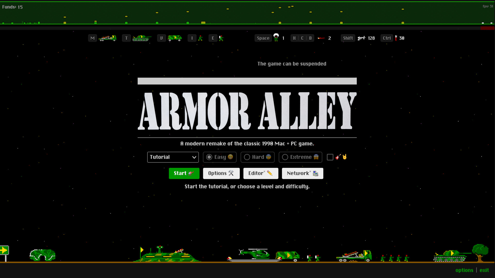 Screenshot: Armor Alley, 2023 update, running in a full-screen browser tab. Game menu, Helicopter, battlefield and ground units are displayed.