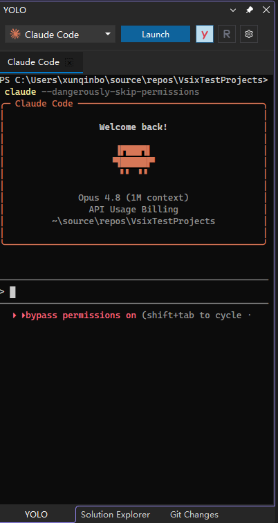 YOLO tool window with a running agent terminal