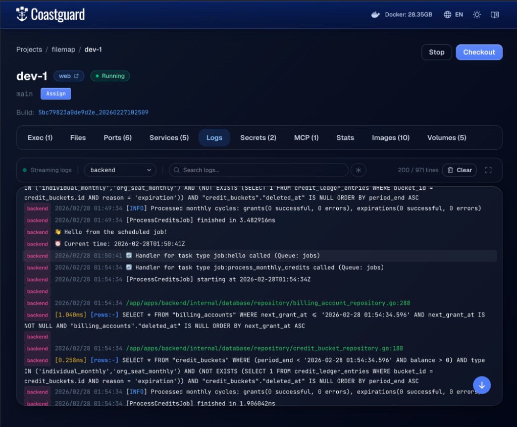 Logs tab in Coastguard