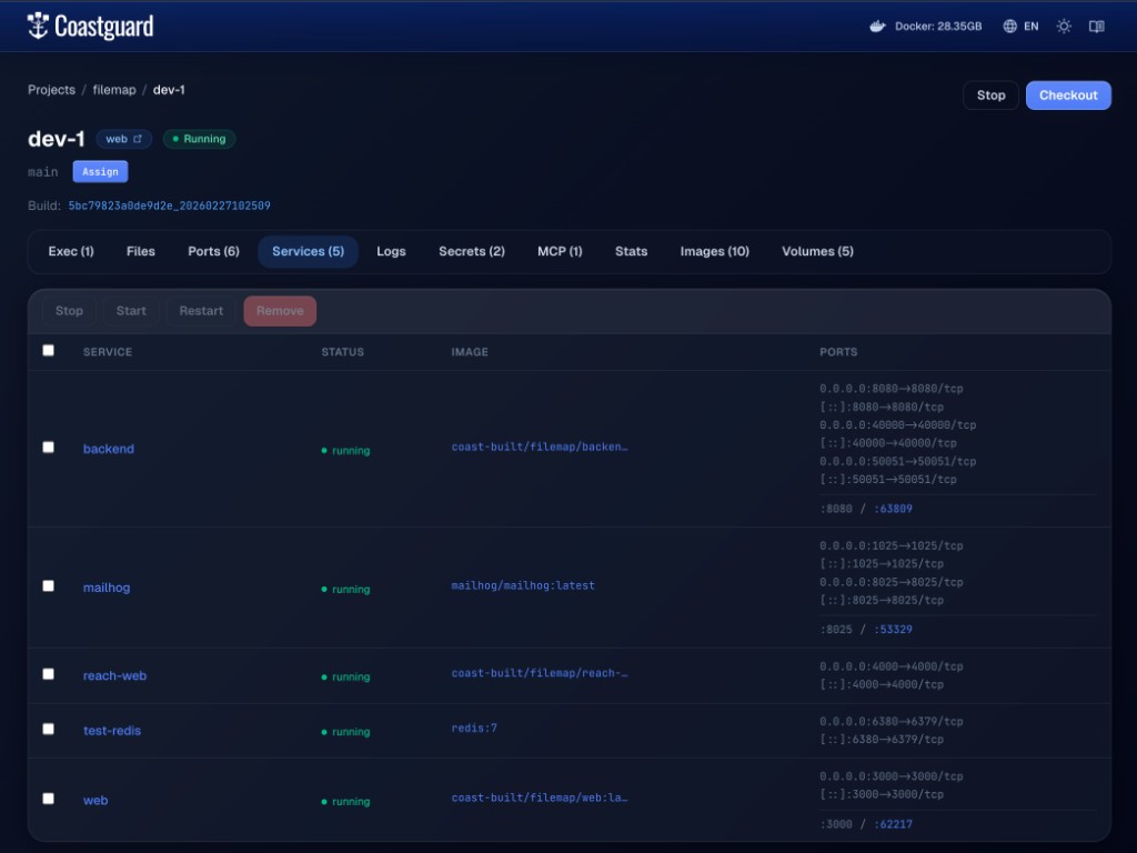 Services tab in Coastguard