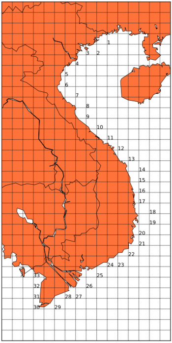 map of sampling points along the coastal sea of Vietnam