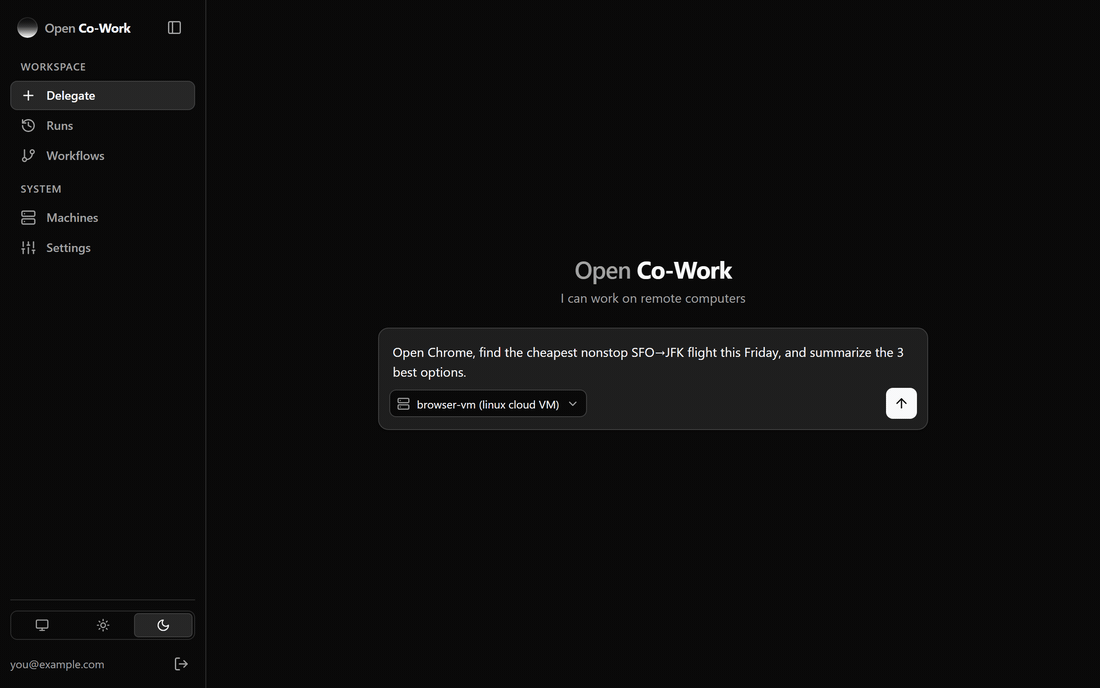 open-cowork driving Chrome on a cloud machine: a task is delegated, the agent opens Chrome and searches Google Flights step by step while the transcript streams live on the left, then returns a summary of the best options