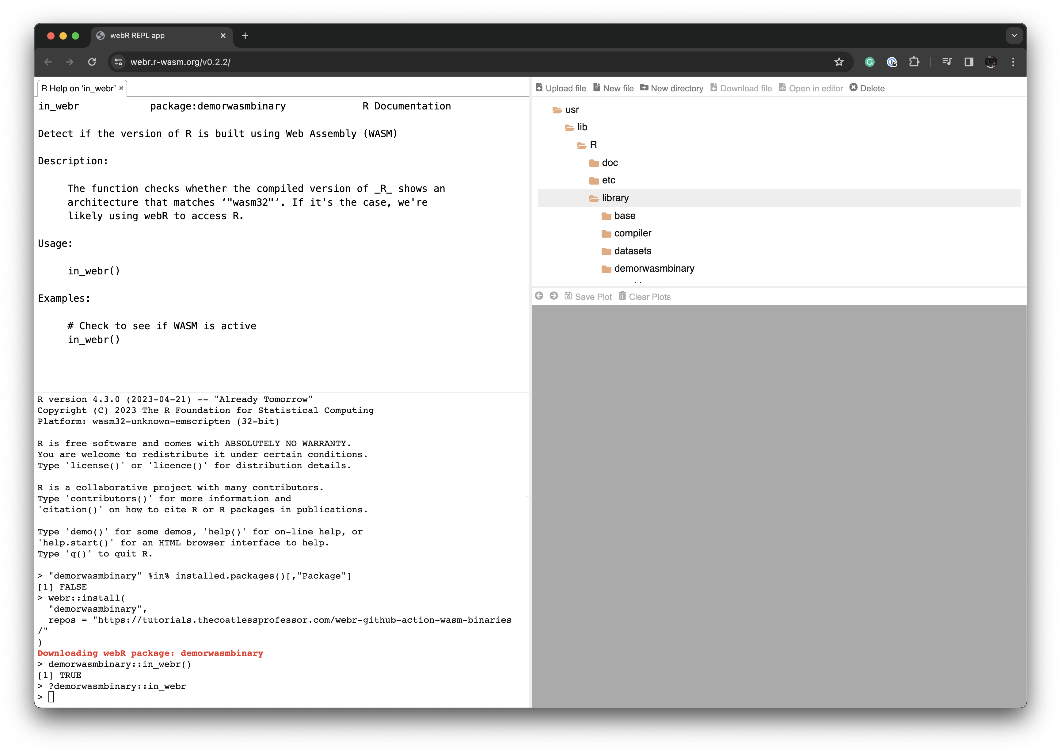 Screenshot of the webR REPL editor showing how to download from repository outside of repo.r-wasm.org an R package binary