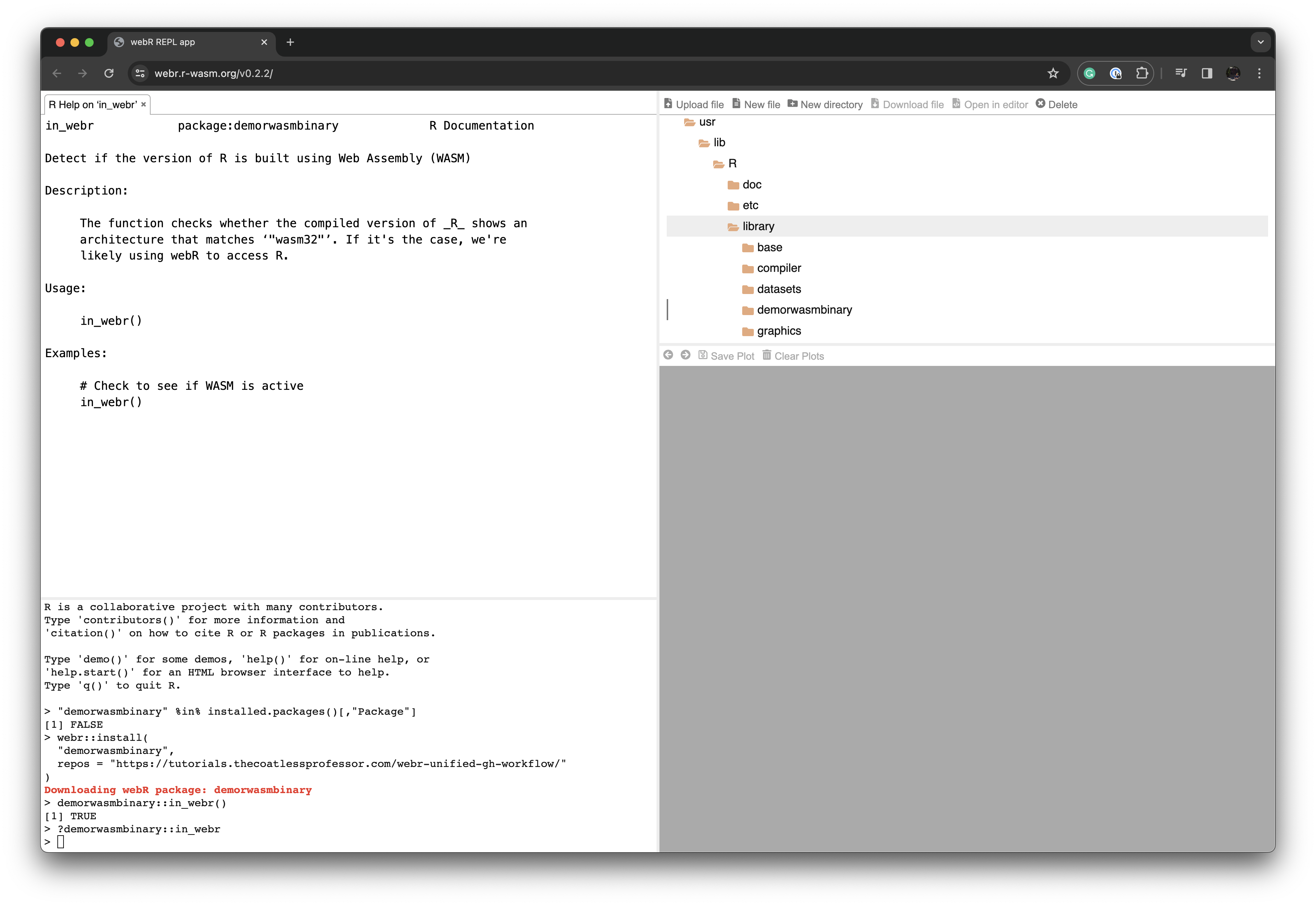 Screenshot of the webR REPL editor showing how to download from repository outside of repo.r-wasm.org an R package binary