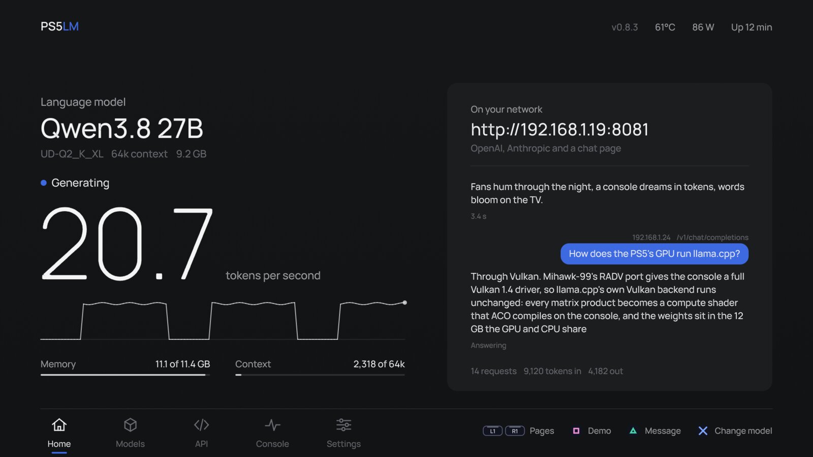 PS5LM v0.9.0 turns PS5 into local AI server