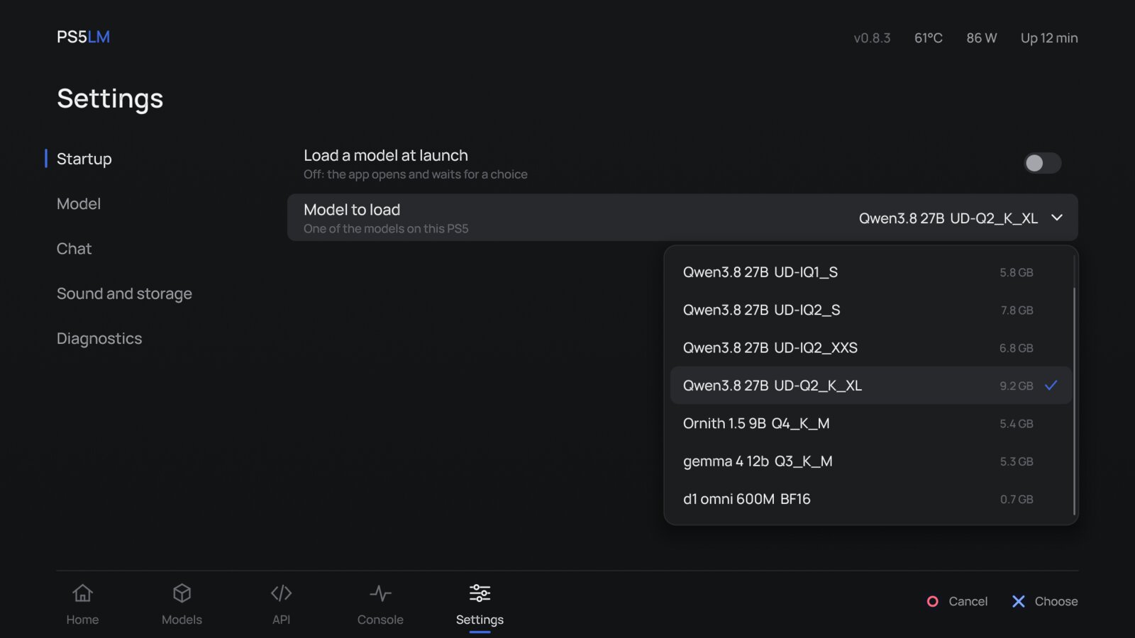 Settings: a list of choices under the row