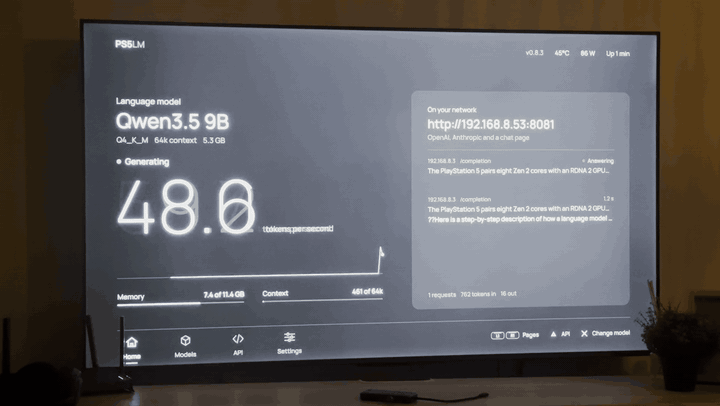 Qwen 3.5 9B generating on a PS5, with the requests streaming across the TV