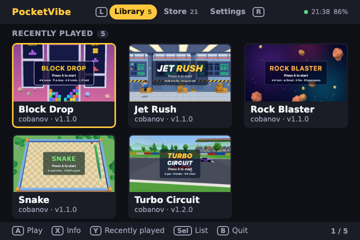 The Library: five game covers in a grid, with the tabs and the handheld's buttons as hints