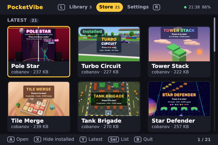 The Store: 21 games with their covers and sizes