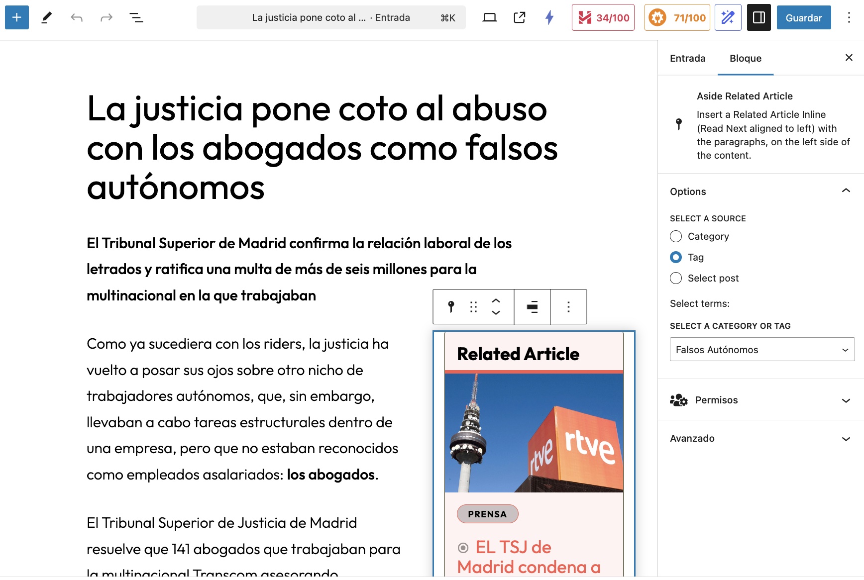The block in the editor