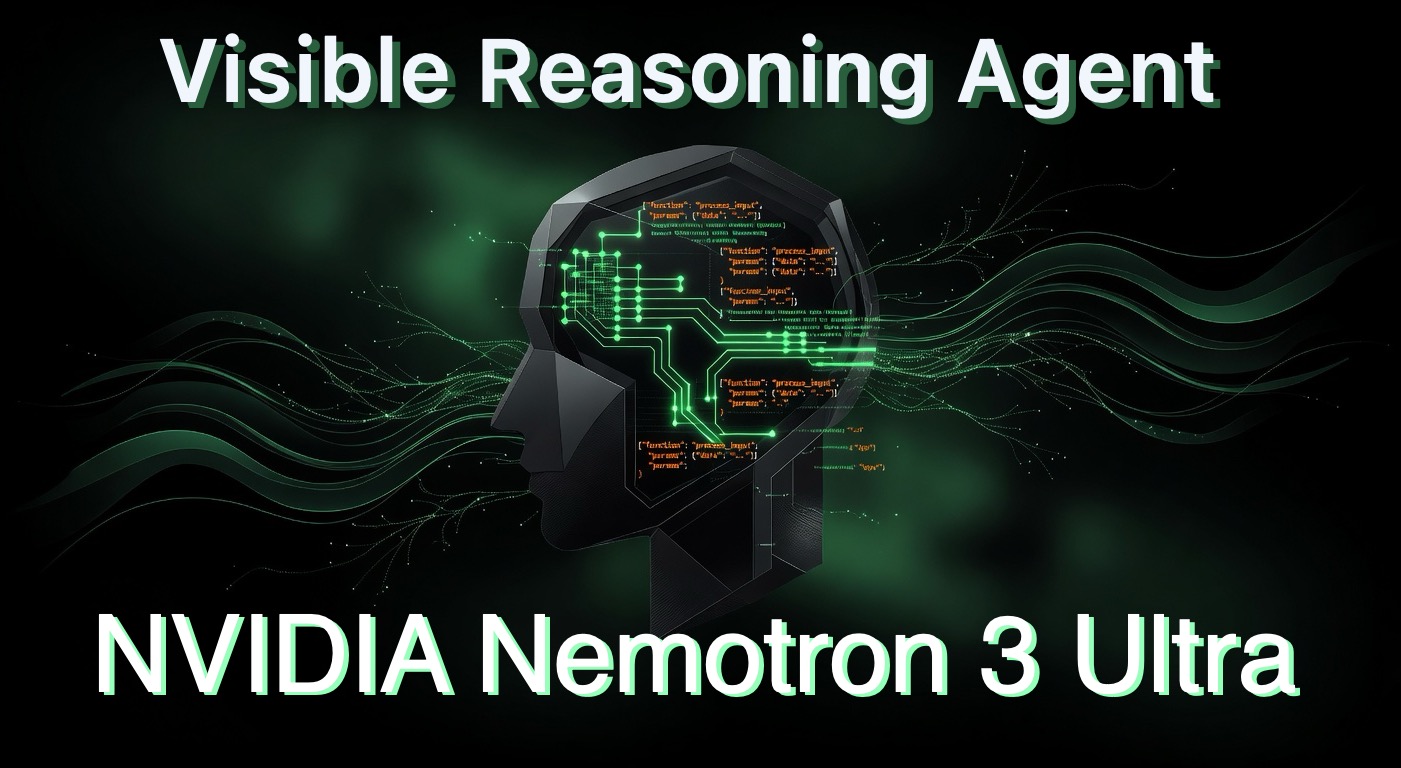 nemotron-think hero: stylized transparent AI agent head with visible thought processes