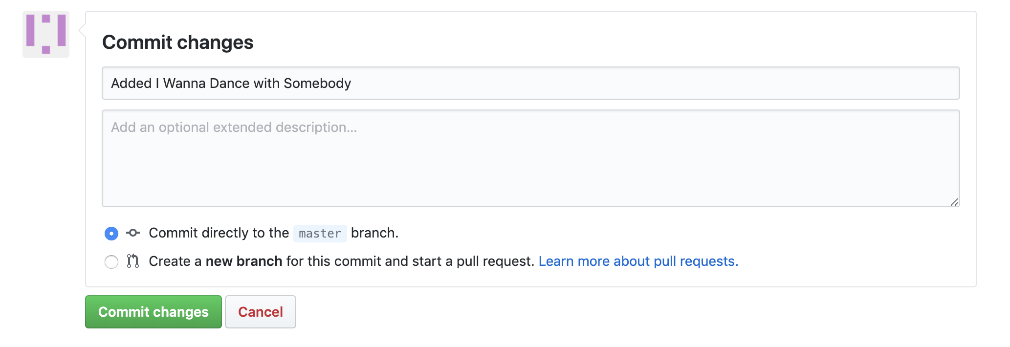 Screenshot of creating a commit message on the Github website