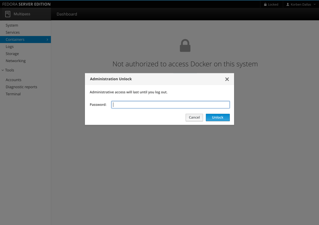 Unlock dialog, for Docker
