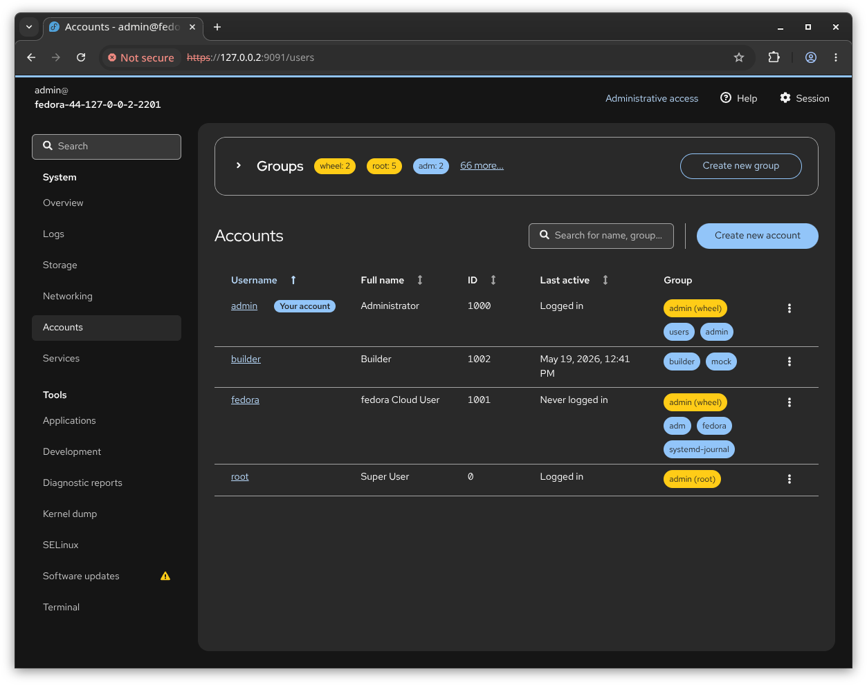Screenshot of account management in dark mode