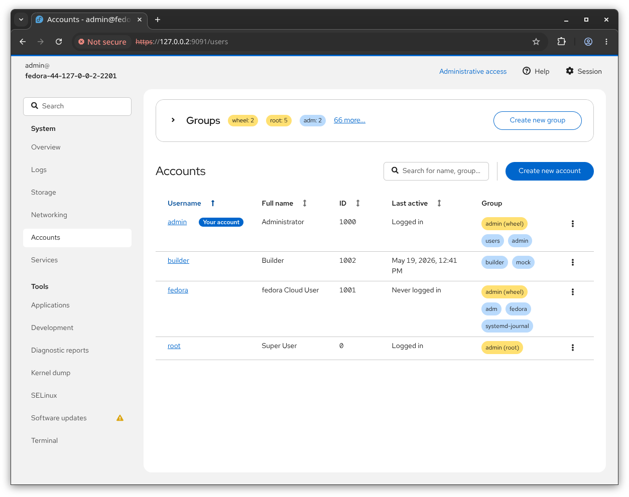 Screenshot of account management in light mode