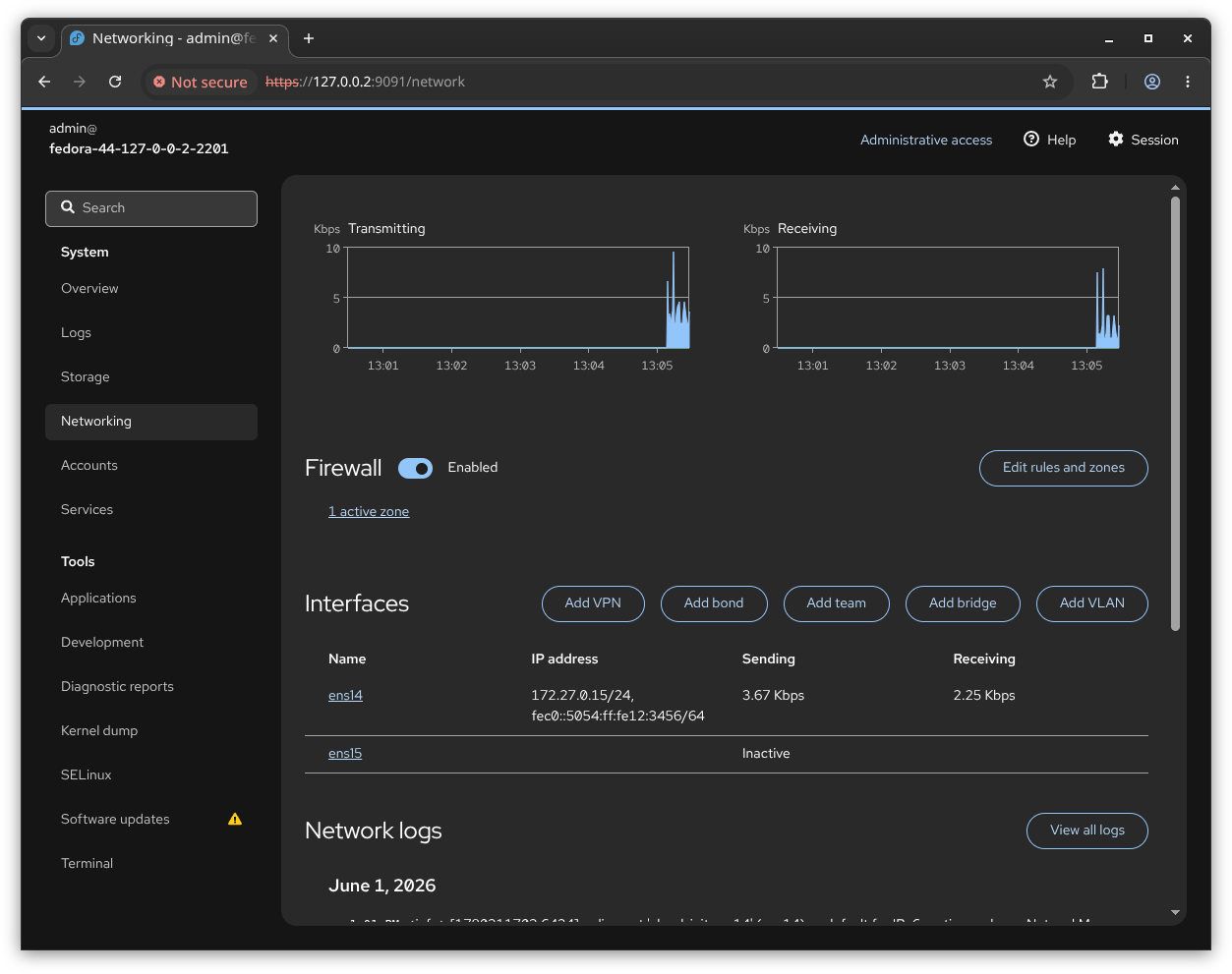 Screenshot of network management in dark mode