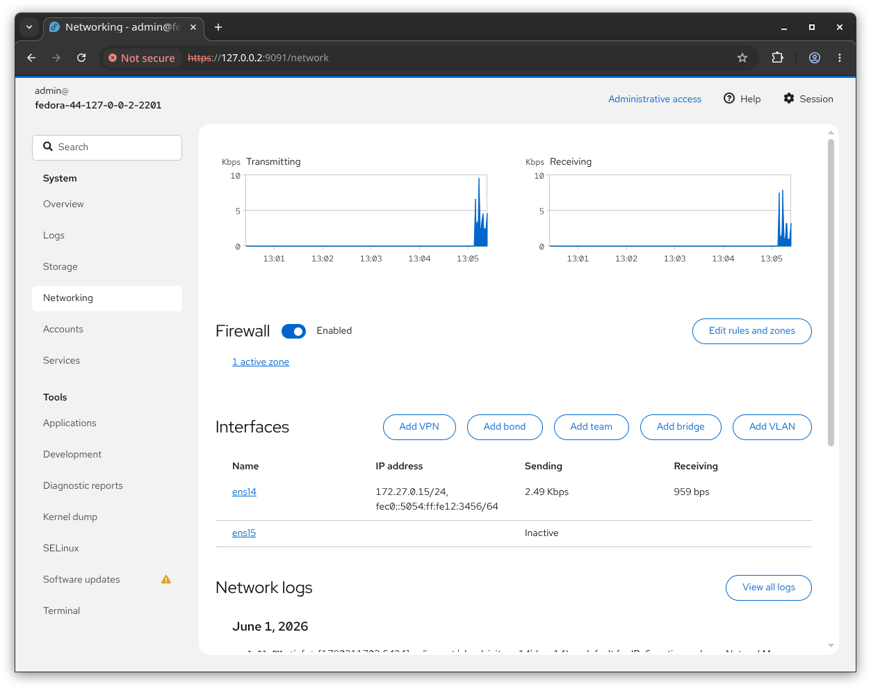 Screenshot of network management in light mode