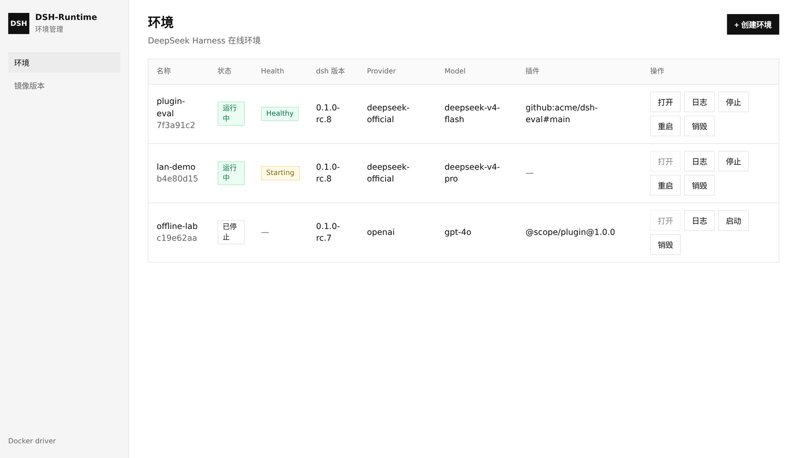 环境列表：运行中、启动中和已停止的 dsh 环境
