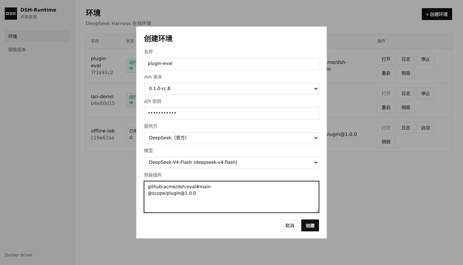 创建环境：选择已登记的 dsh 版本和模型预设，或手动填写密钥与模型
