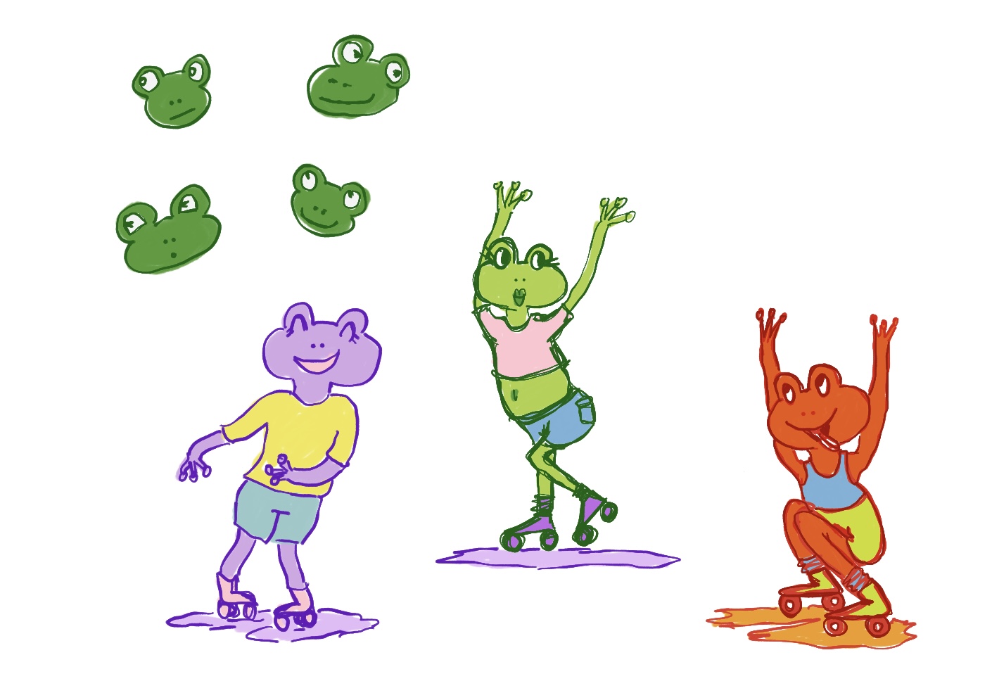Frog friends roller skating, illustrated by Coco Poley
