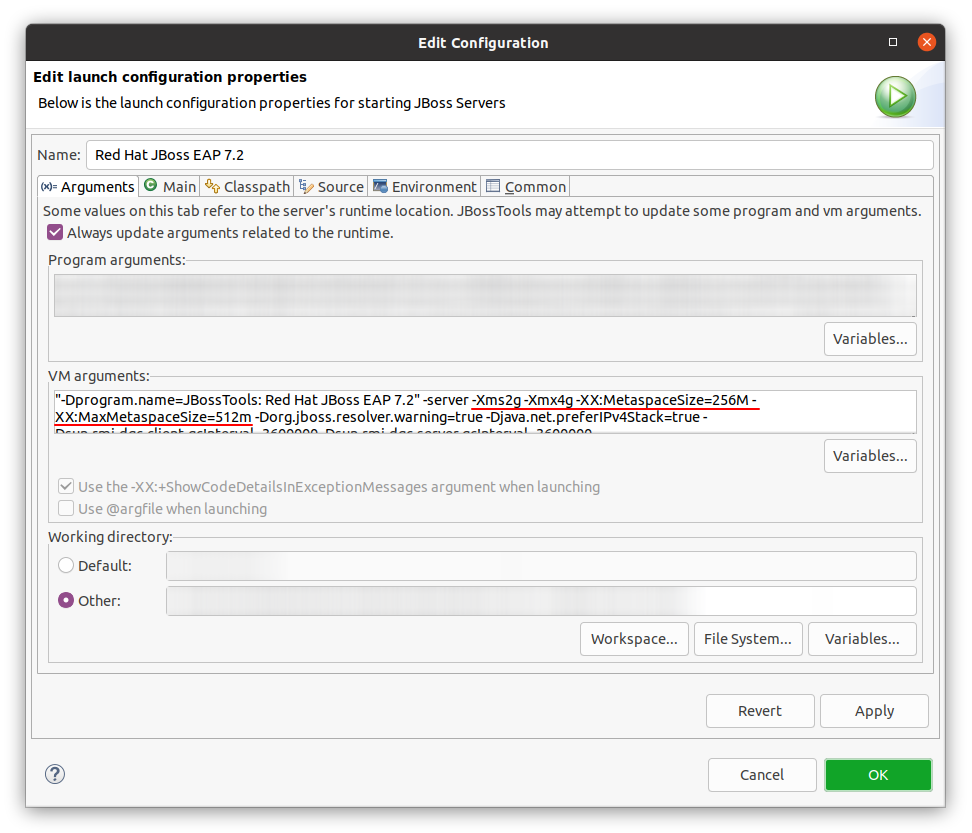 Parâmetros de utilização de memória do JBoss