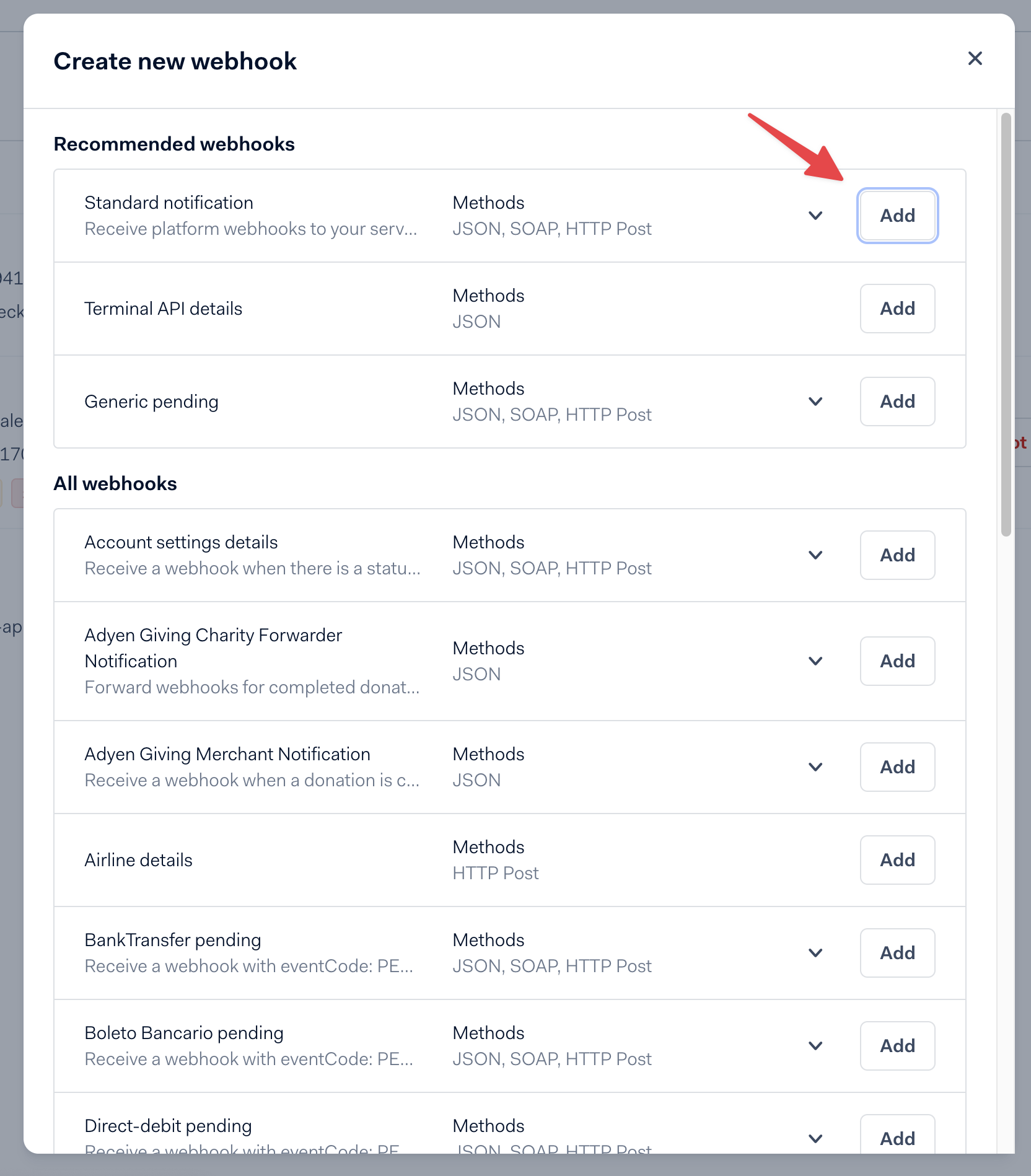 Creating new Standard notification webhook in Adyen portal