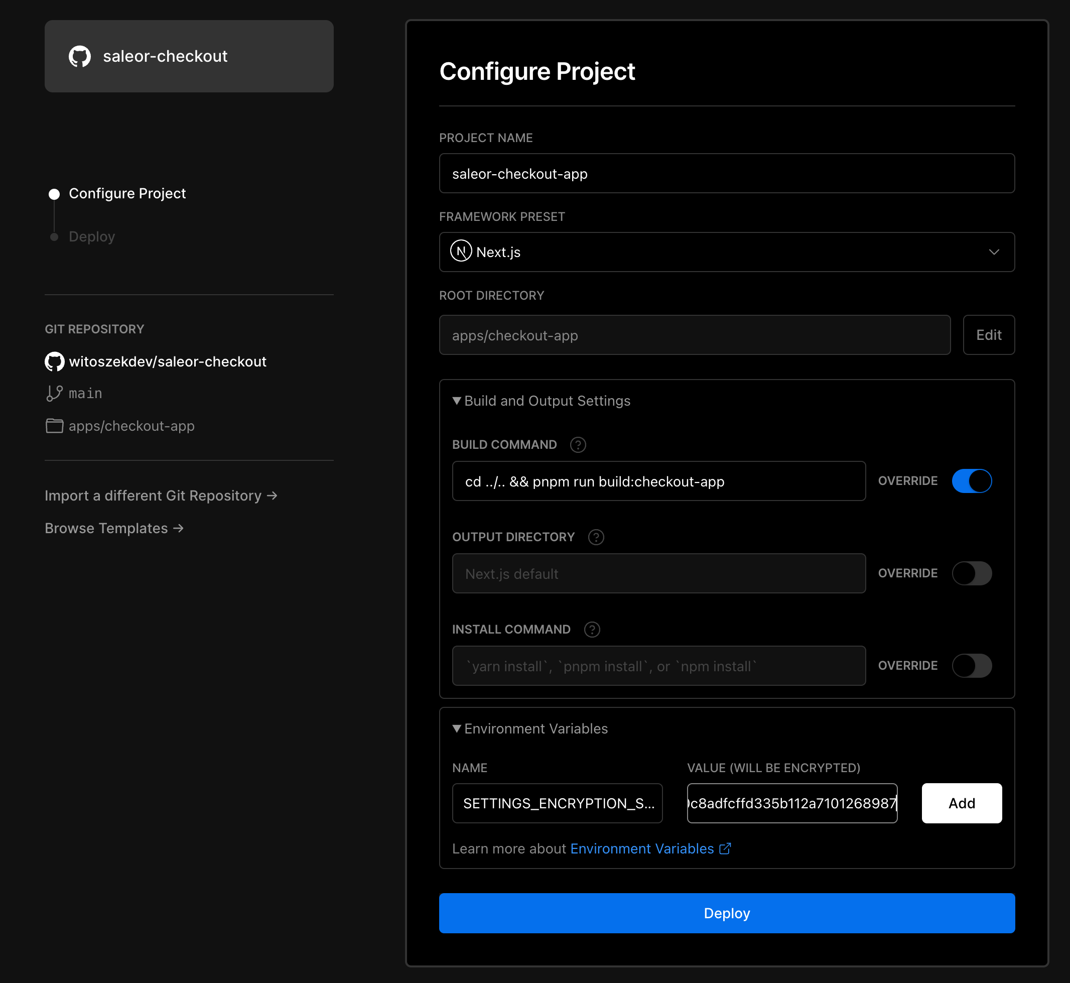 Vercel "Configure project" page with all settings filled out