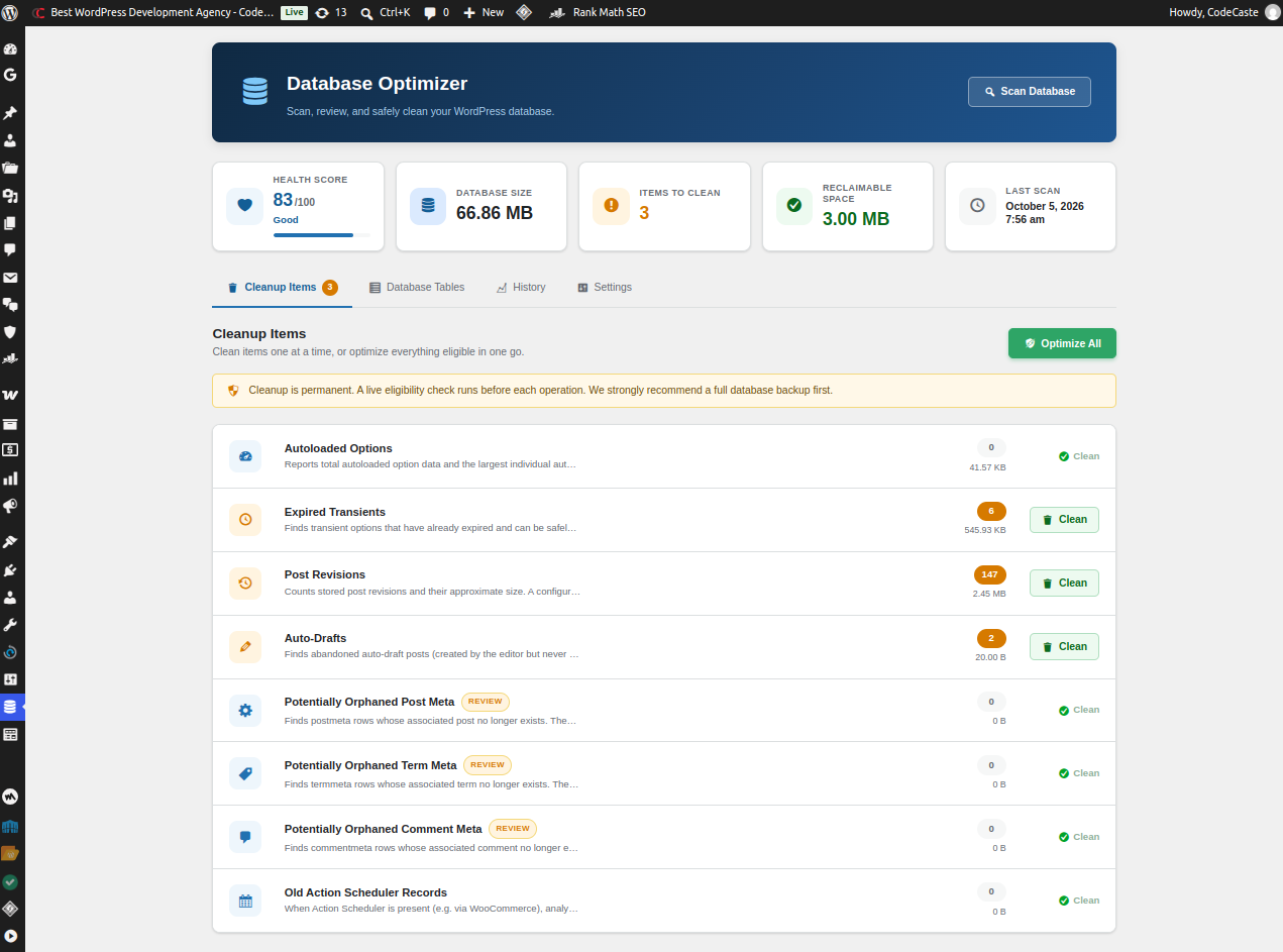 Database Cleaner & Optimizer dashboard