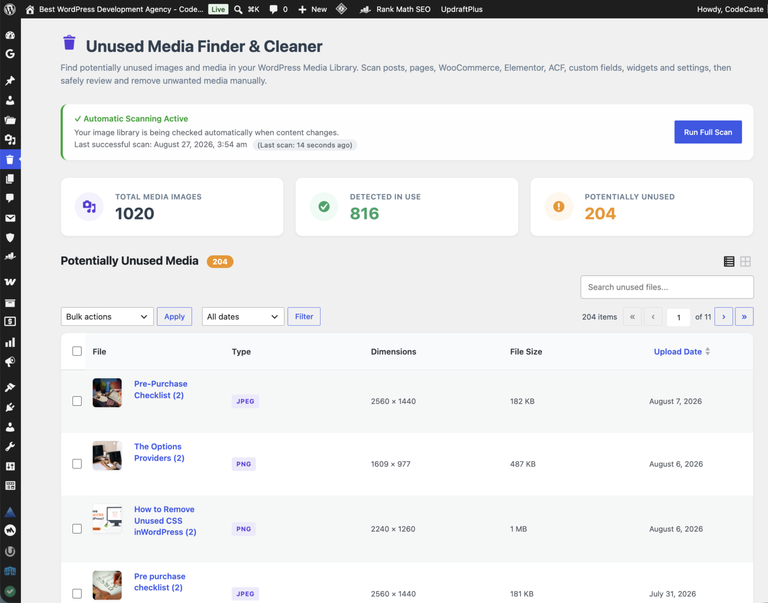 Unused Media Finder & Cleaner dashboard