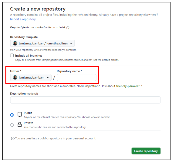 creating a new repository form