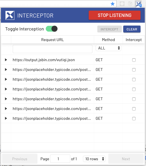 Interceptor extension popup showing a list of AJAX requests