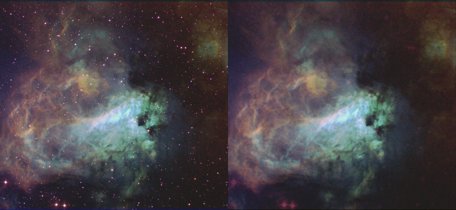 Original and starless image of  Rim Nebula