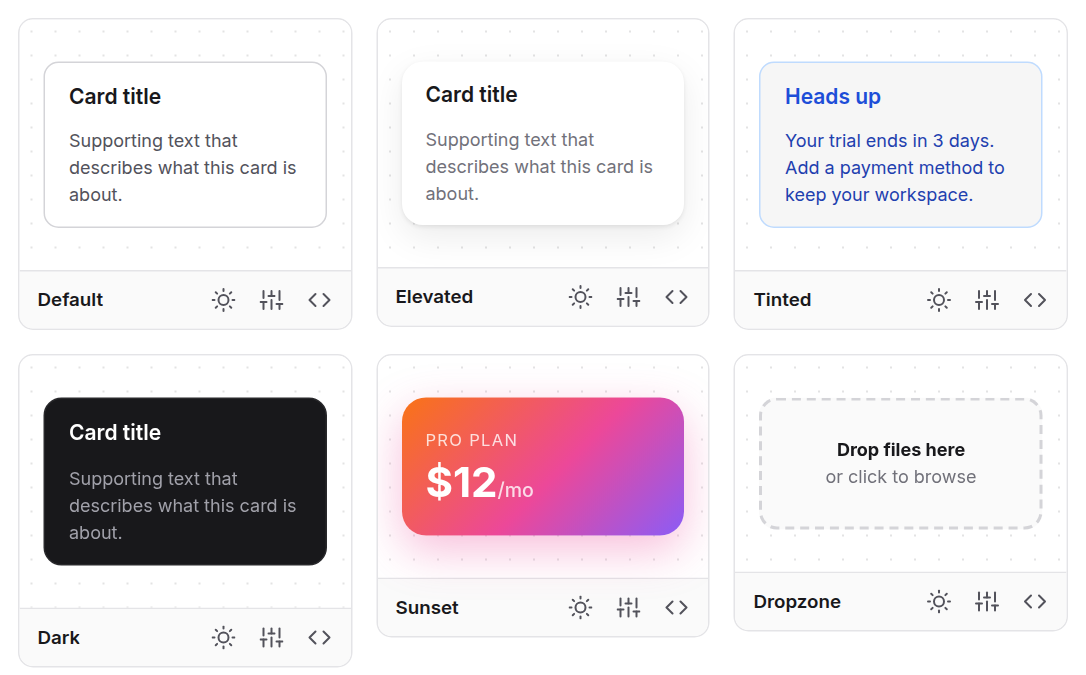 Card gallery: default, elevated, tinted, dark, gradient and dropzone variants