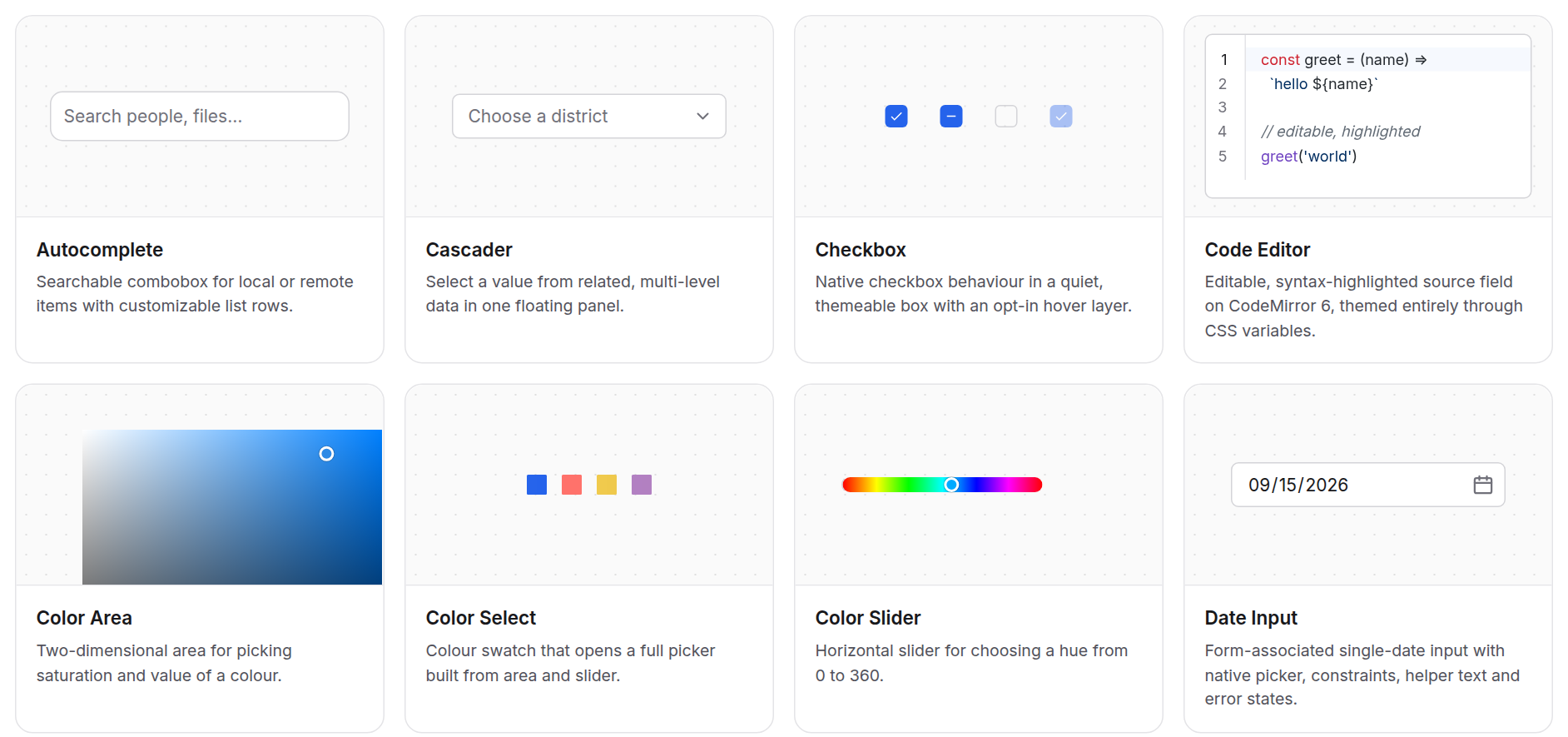 A grid of c2n components: autocomplete, cascader, checkbox, code editor, color pickers, date input