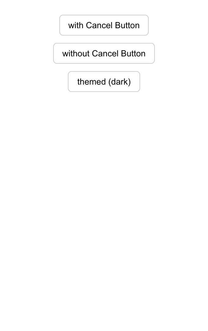 Action sheet demo showing the cancel button, the plain sheet, and a custom dark theme