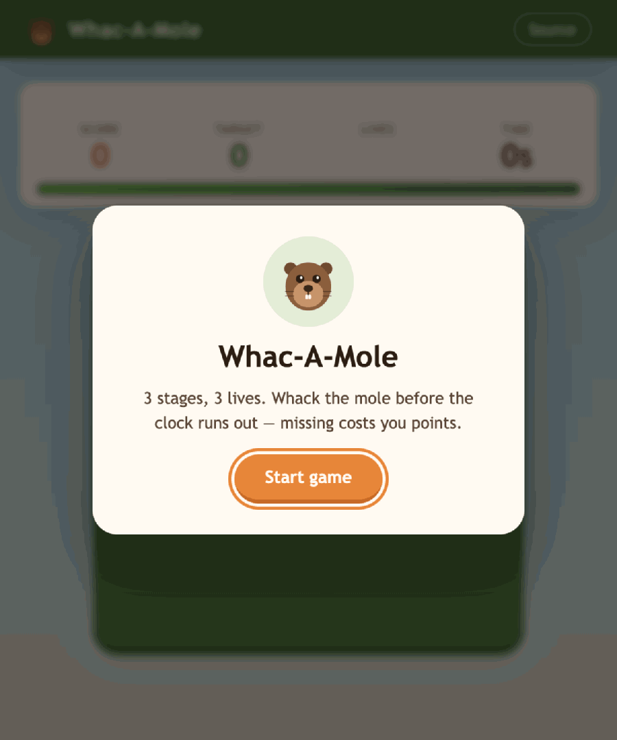 Whac-A-Mole gameplay: whacking moles on a 5x5 grass board, clearing the stage, then a larger 8x8 board