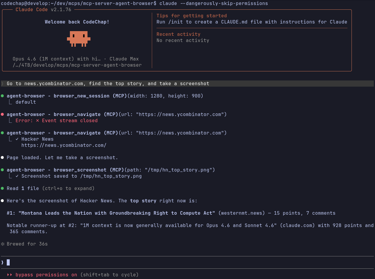 Claude Code navigating Hacker News and taking a screenshot