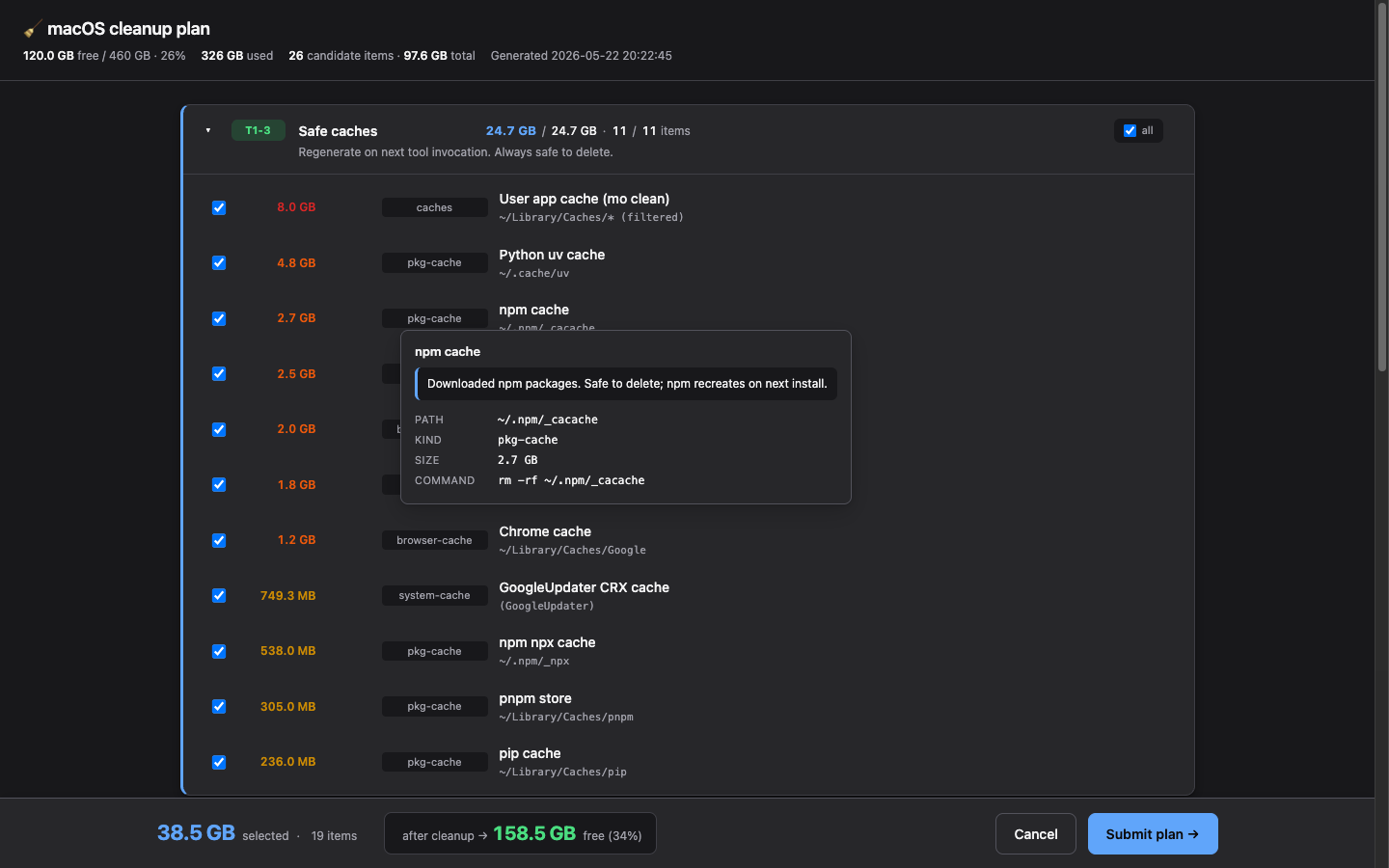 Hover over any item for a structured tooltip — description, path, kind, size, and the exact command that will run