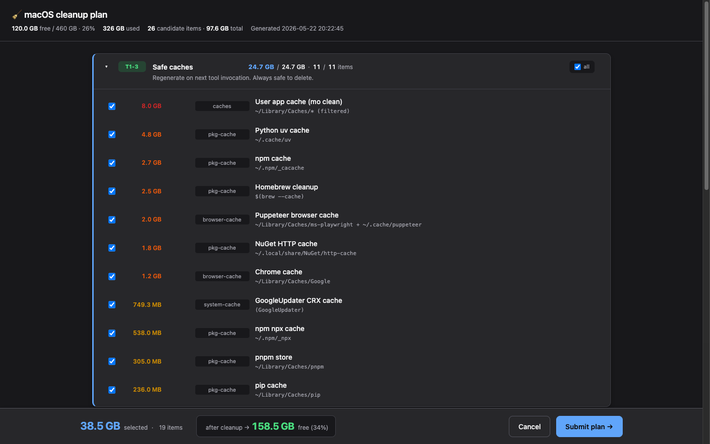Cleanup plan UI — categorised checkboxes, live "after cleanup" preview, sticky action bar