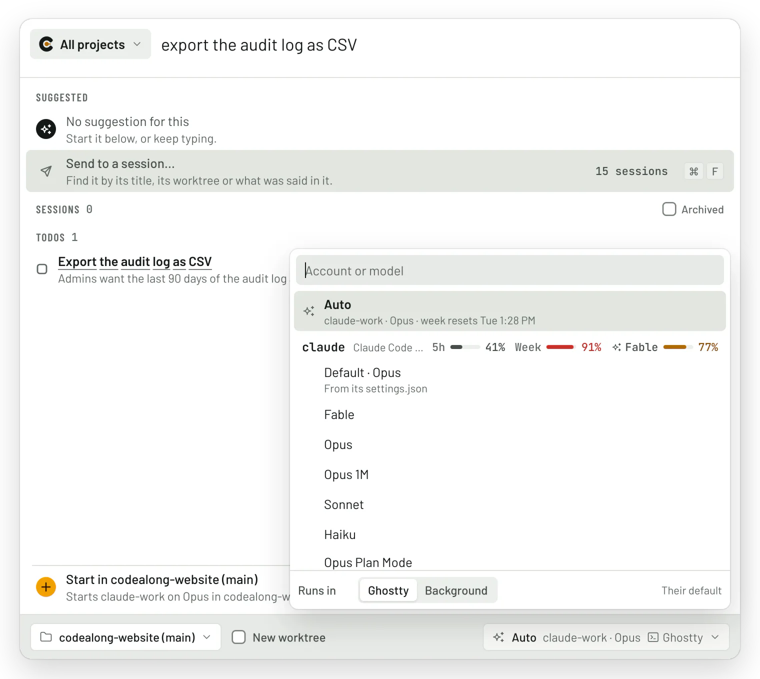 The quick panel: a typed prompt, with a suggestion to send it to the session already load-testing the limiter, or to start it in a new worktree.