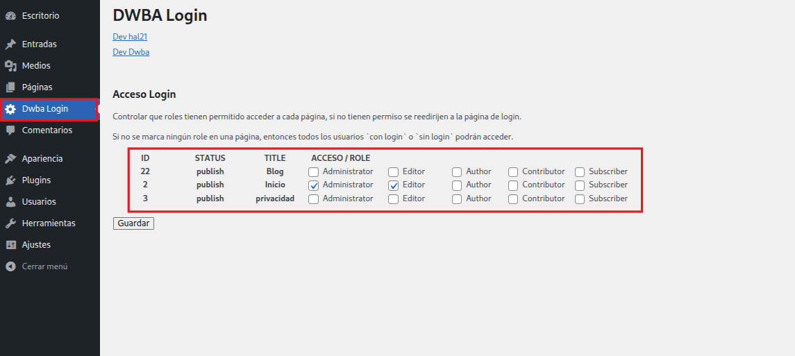 "Menu de configuración de la funcionalidad acceso a páginas por reles"