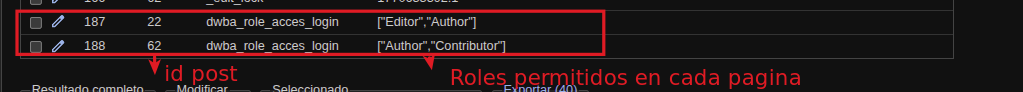"Tabla de la metadata para configuracion de roles"