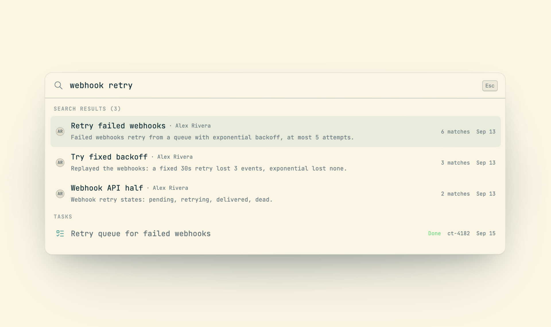 Command palette searching sessions and tasks for "webhook retry"